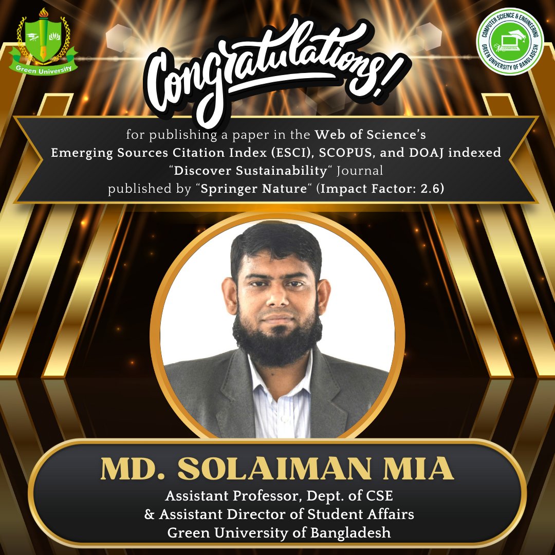 Congratulations to Md. Solaiman Mia for His Publication in Springer Nature's "Discover Sustainability" Journal!