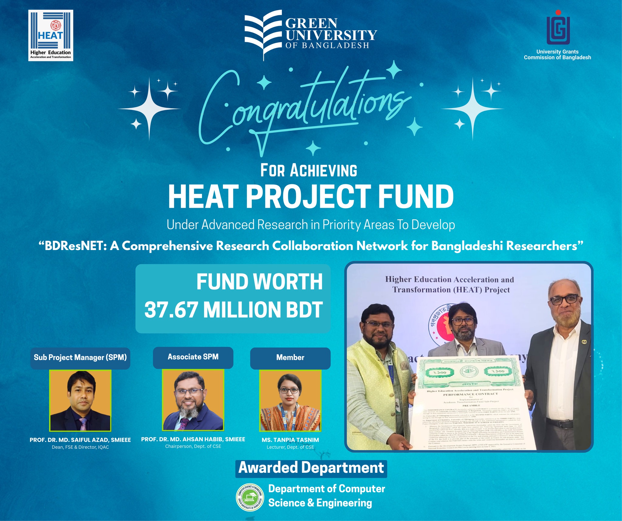 CSE, Green University of Bangladesh Secures Prestigious BDResNET Project under HEAT Project